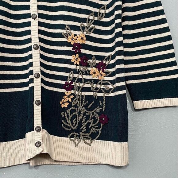 Christopher & Banks Cardigan Size Medium Embroidered Floral Dark Green Cottage - Picture 4 of 9